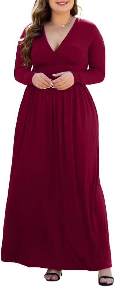 Women's L-5XL Long Sleeve V-Neck Plus Size Maxi Dresses with Pockets