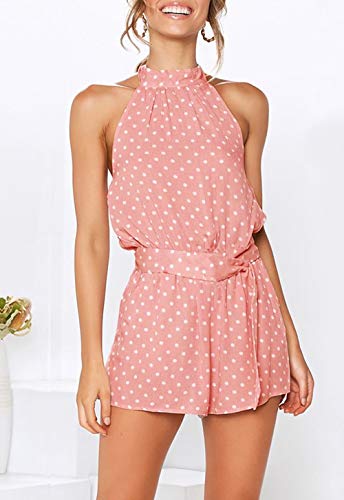 Prettygarden Women's Summer Shorts Romper Casual Sleeveless Halter Neck Polka Dot One Piece Backless Jumpsuits (Pink,Medium) #TOP1