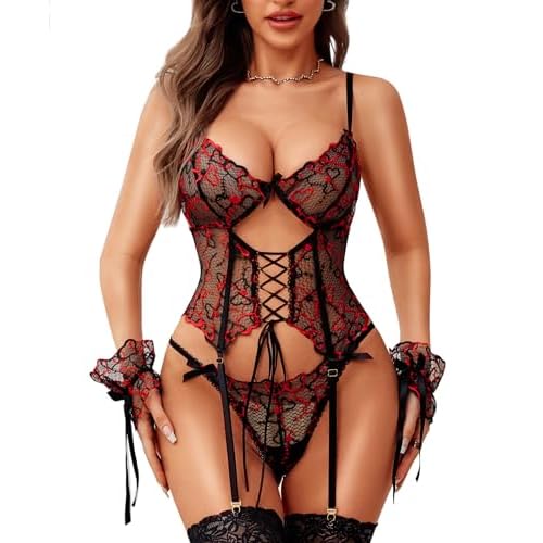 RSLOVE Womens Lingerie Set Sexy - Lace Bodysuit Garter Teddy Lingerie Deep V with Wrist Band 3 Piece Mesh Large Black