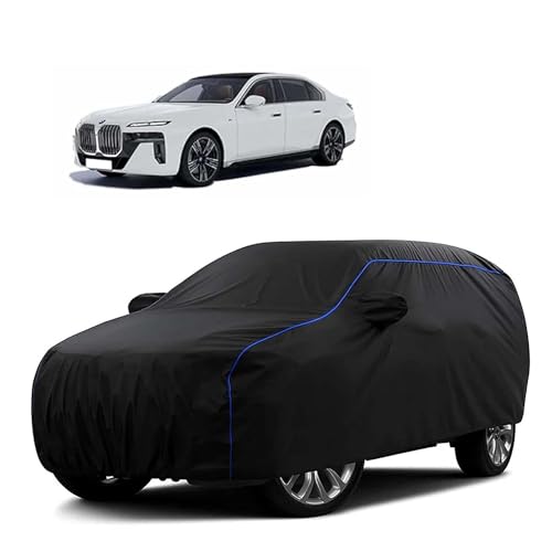 Image of Sulfar 100% Water Resistant Car Body Cover Compatible with Mirror for BMW i7(Electric) (Triple Stitched, Full Bottom Elastic, Black Tafetta with Blue Piping)