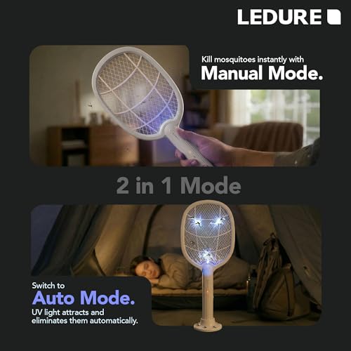 Image of Ledure Mini UV Shastra Mosquito Bat with UV Light | 2-in-1 Rechargeable Mosquito Killer Racket with USB Type-C | 6 Months Warranty | Auto Kill Electric Mosquito Racket with Stand | White