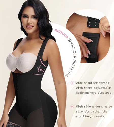 Image of SHAPSHE Open Bust Tummy Control Full Body Shaper Mid-Thigh Bodysuit | Front Hook Closure | Adjustable Strap Fit | Crotch Zipper | Lace Leg Finish | Mid-Thigh Coverage