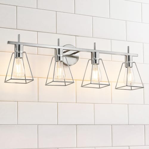 Image of Industrial Bathroom Vanity Lights: 4-Light Silver Brushed Nickel Vintage Metal Cage Wall Sconce - Rustic Farmhouse Light Fixture Over Mirrors Cabinet for Bath Hallway