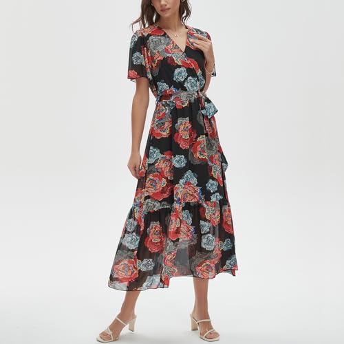 Image of Women's Summer Bohemian Floral Chiffon Dress Cap Sleeve V Neck Ruffle Long Flowy Boho Casual Vacation Dresses