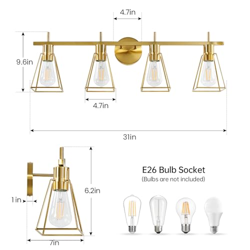 Image of Industrial Bathroom Vanity Lights: 4-Lights Gold Brushed Brass Vintage Metal Cage Wall Lamps - Rustic Farmhouse Light Fixture Over Mirrors Cabinet for Painting Hallway