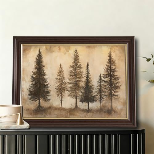 Image of Antique Brown Framed Pine Tree Wall Art, Vintage Neutral Tone Forest Prints, Rustic Woodland Wall Decor Paintings for Living Room Bedroom Farmhouse