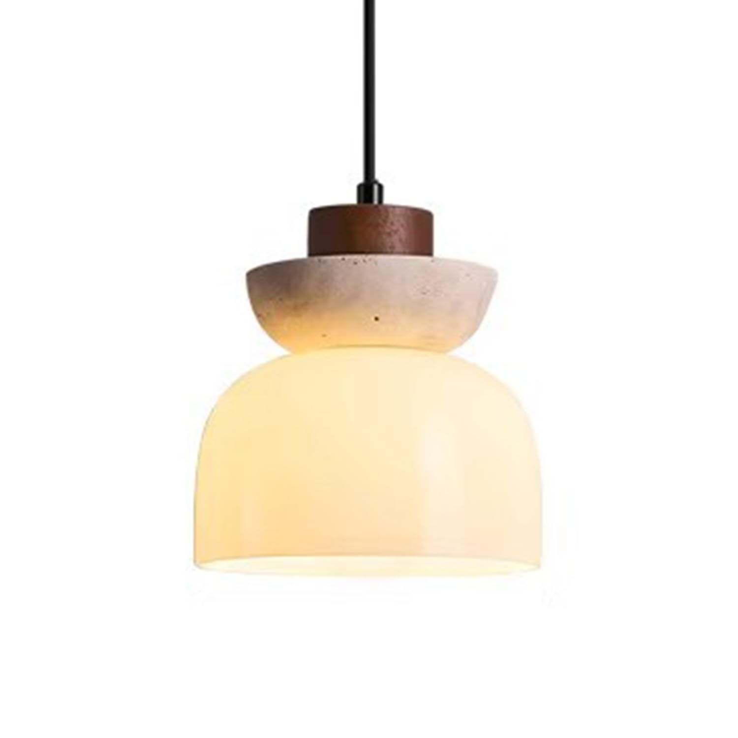 MTNROO Travertine Stone Hanging Ceiling Light 6.3in Pendant Lighting Fixture Natural Porous Travertine Milky White Glass Wood Art Decoration E27 Base Wabi-sabi for Home Living Room Hallway