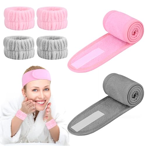 6 Piezas Diadema Maquillaje y Muñequeras Cinta Pelo para lavado de cara, Diadema con Pegatina, Muñequeras skincare, Diadema Skincare para Belleza Bañarse SPA desmaquillar