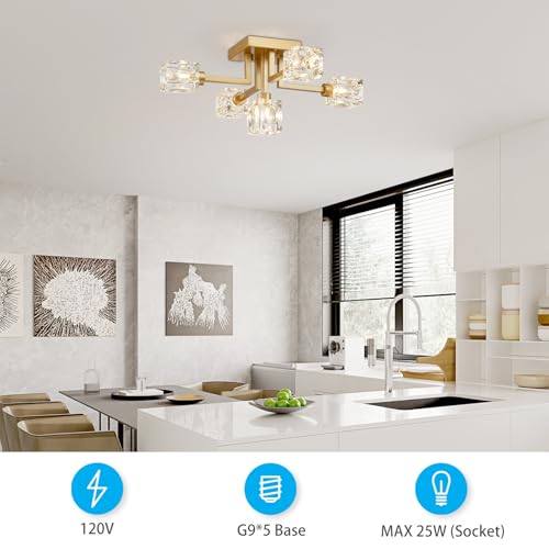 XINGQI Sputnik Chandelier Gold Modern Semi Flush Mount Ceiling Light Glass 5 Lights Farmhouse Lighting Fixtures for Dining Room Living Room Kitchen Bedroom by XINGQI - Image 6