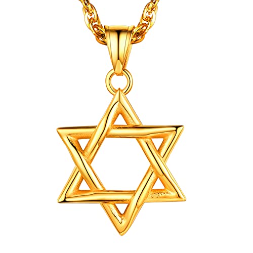 U7 Star of David Necklace for Men Women Gold/Stainless Steel Hexagon Pendant with Cross/Ruby Stone/Classic Jewish Isael Necklaces, Length 22" 24" 26"