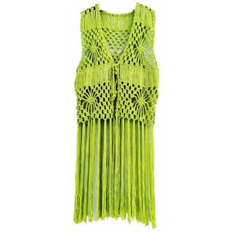 tinacrochetstudio Sleeveless Long Fringe Crochet Vest Beach Bikini Cover up Hippie Clothes for Women Free Size Summer Beachwear (M, Mint) Cover