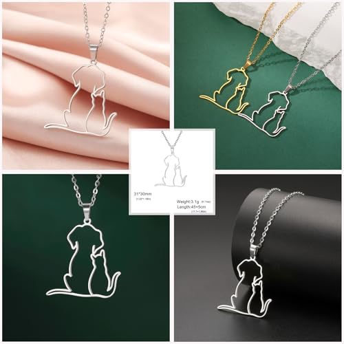 TEAMER Niedliche umarmende Katze Hund Halskette Hunde Anhänger Edelstahl Katzen und Hundeliebhaber Schmuck für Damen und Herren (Silber)