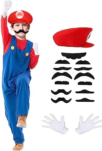PUVKVE Super Brothers Costume Outfit Halloween Cosplay Costume for Adult Kids Plumber Cosplay Overalls with Accessory (Kids Red, M)