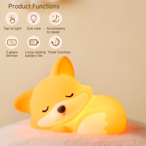 Image of Led Cute Fox Night Light, 2 Levels Dimmable Timer Nursery Nightlight for Kids, Rechargeable Touch Bedside Lamp, Used for Camping Party Room Decor(Fox)