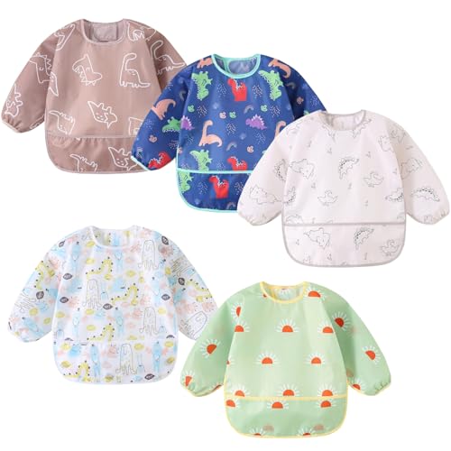 Yunguui 5 Pcs Baby Bibs with Sleeves Waterproof Weaning Bib Toddler Apron 3-30 Months