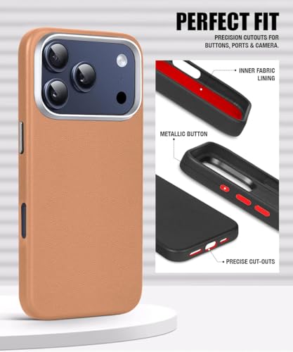 Image of WOW IMAGINE Back Cover for iPhone 17 Pro Max | Shockproof Tough Leather Texture Hard Mobile Case | Ultra Slim Non-Slip Grip | Inner Velvet Fabric | Metal Camera Ring - Tan Brown