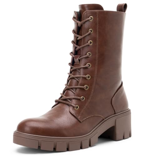 Image of Vepose Women's Mid Calf Combat Lace Up Chunky Platform Boots