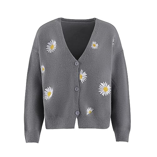 Women's Cute Daisy Flower Knit Cardigan Retro Aesthetics 90s Long Sleeve Button Open Front Sweater Y2K Tops3