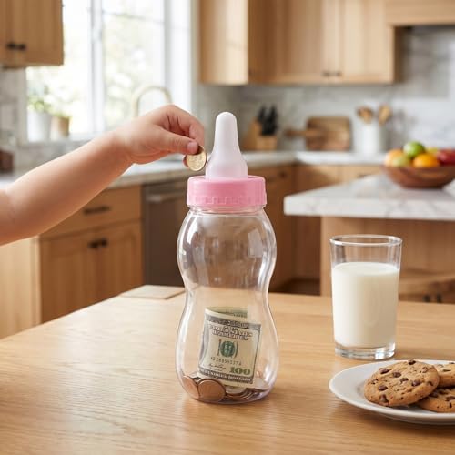 Image of Housoutil 2Pcs Large Baby Bottle Piggy Bank, 11 Inch Big Clear Plastic Baby Bottle Bank, Huge Coin Money Saving Jar, Jumbo Pink Blue Shower Party Candy Jar, Transparent Boy Girl Box （Pink）