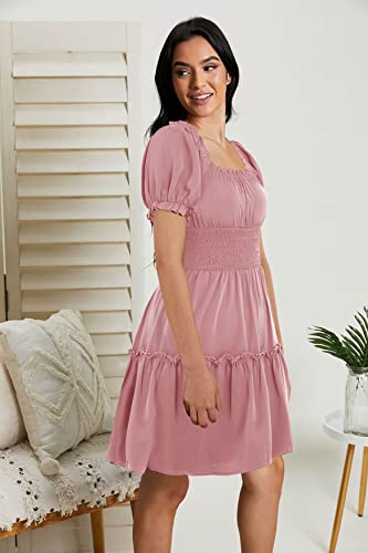 Image of Womens Babydoll Mini Dress Casual Square Neck Short Sleeve Summer Dresses | Empire Waist, Smocked, Flowy, Short Beach Dress, Vacation, Floral, Boho