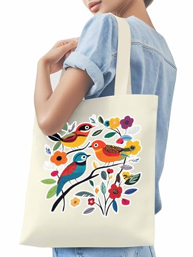 Spring Floral Birds Summer Canvas Tote Bag, Aesthetic Canvas Tote Handbags for Women Shoulder Bag3