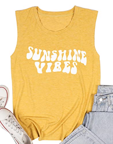 Sunshine Vibes Letter Print Vest T Shirt Women's Summer Sleeveless Graphic Tank Tops Casual Loose Workout Tees2