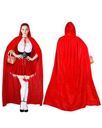 4 Pcs Women's Riding Hood Costume Halloween Party Dress with Red Hooded Cloak White High Socks Picnic Basket (XXS) - Thumbnail 4