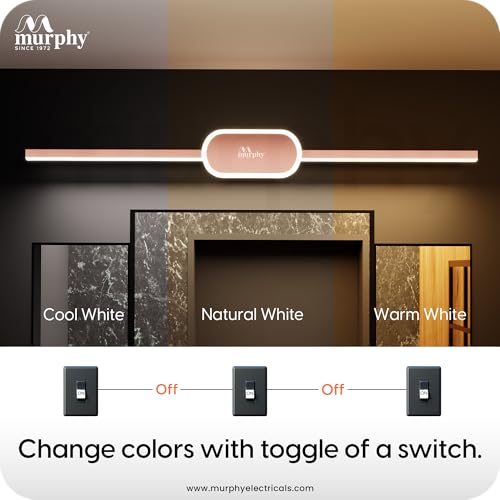 Image of Murphy 16W+2W LED Mirror Light | 3 Color Changing (White /Warm /Natural) | Full Copper Finish, Modern Over Mirror Bathroom /Dressing Table Light | Pack of 1 | 2-Year Warranty