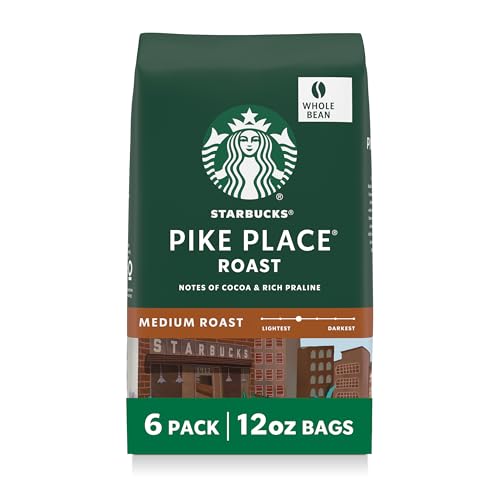 Starbucks Whole Coffee Beans, Medium Roast Hot or Iced Coffee, Pike Place Roast, Six 12 oz Bags​