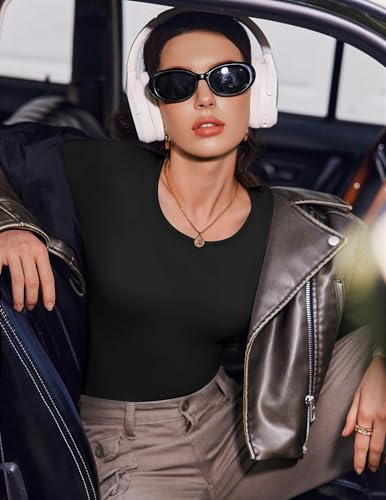 Ekouaer Camiseta Termica Mujer Mangas Largas Ropa Termica Ropa Interior Ajustado Cuello en U Liso Básico Camisas 3pcs, Negro + Gris Oscuro + Azul Marino M