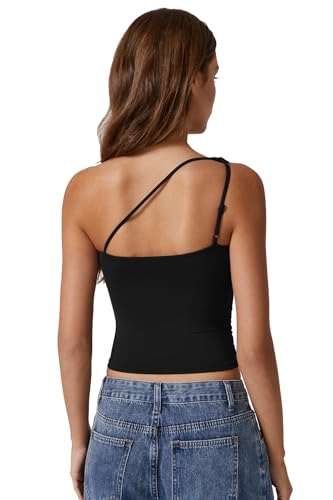 QINSEN Women's One Shoulder Tank Tops Double Lined Sleeveless Slim Fit Cropped Tee Shirt Y2k Tops2