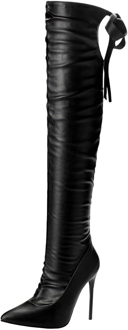 BEAUPAS Women's High Heel Over The Knee Boots Pointed Toe Lace Up Thigh High Stiletto Boots Shoes