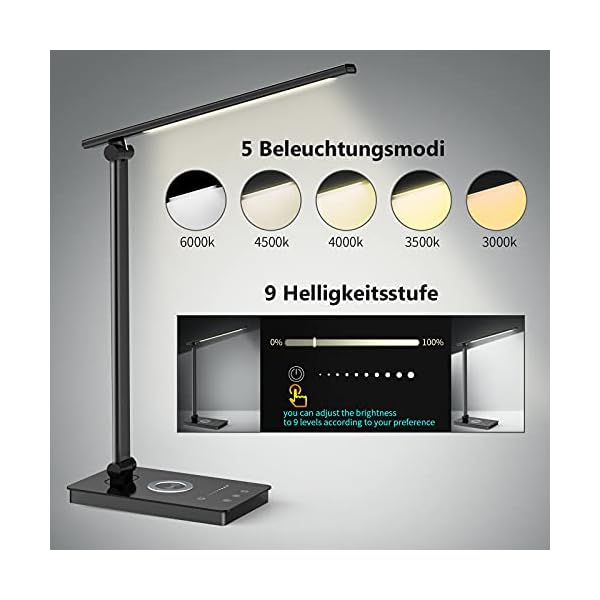 Desk Lamp, Eye-friendly LED Desk Lamp with Wireless Charger and USB, Table Lamp with 5 Colours and 9 Brightness Levels, Touch Control, Timer, Memory Function, for Learning, Working, 10 W - Image 5