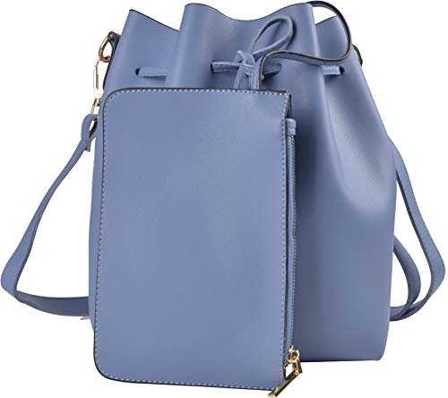 Qzunique Handbag Set Women's Pu Leather Drawstring Bucket Bag Crossbody Shoulder Bags Purses Set With Colorful Strap Blue #TOP6