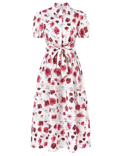 Damen Dünne Kurzarm Partykleid Elegant V-Ausschnitt A-Linie Maxi Kleid Langes Swing Blumenkleid mit Tasche High Waist Strandkleid Rose XL