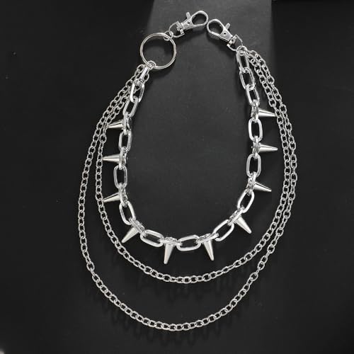 Triple Layer Punk Chain for Pants, Metal Spike Studded Wallet Chain with Clips, Gothic Style Hip Hop Chain for Men Women2