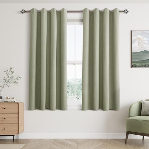 Jowels Sage Green Linen Grommet Blackout Curtains 63 Inch Long for Bedroom