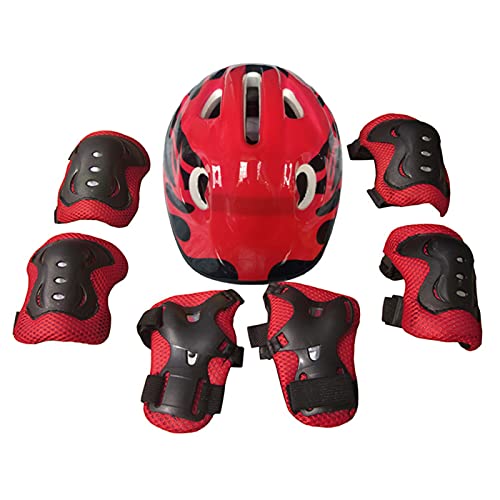 Aland 7Pcs Children Skateboard Bicycle Helmet Knee Elbow Wrist Protective Guard Pad Safety Protection Skateboard Kit for Girl Boys Safety Protection Skateboard Kit for Girl Boys - Red