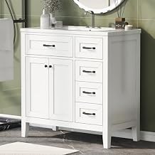 Modern Bathroom Vanity Cabinet with White Top, 5 Drawers, 2 Doors, Black White