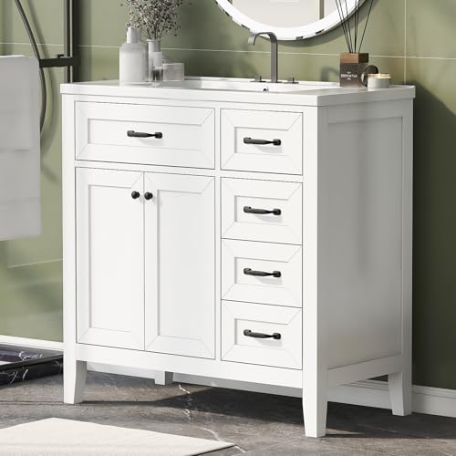 Image of Favfurish 36 inch Bathroom Vanity with Ceramic Sink,Undermount Single Basin Bath Vanity Set w /2 Soft-Close Doors and 3 Drawers,Modern Freestanding Storage Cabinet,Solid Wood Frame,White
