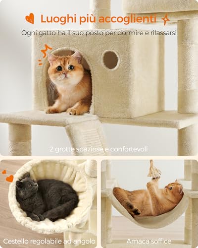 Image of Feandrea Cat Tree, 81.1-Inch Large Cat Tower, Multi-Level Plush Condo with 13 Scratching Posts, 2 Perches, 2 Caves, Basket, Hammock, Pompoms, Beige UPCT190M01