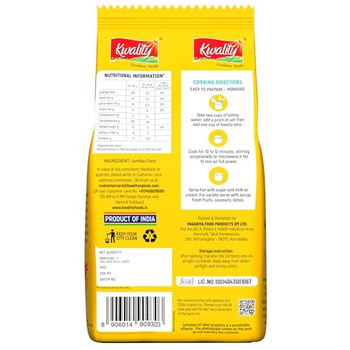 Image of Kwality Rolled Oats 1kg Pouch | Wholegrain Oatmeal for Healthy Breakfast | High Fiber & Protein | Gluten-Free | No Added Sugar | Weight Management Friendly | Quick Cooking