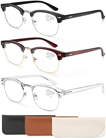CCVOO 3 Pack Reading Glasses Blue Light Blocking, Retro Semi Rimless Readers Men Women, Half Horn Rimmed Eyewear Filter UV400 (C1 Matte Black Silver/Clear Silver/Tea Gold, 1.5, multiplier_x)