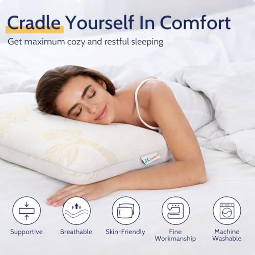 Image of Grin Health Memory Foam Ergonomic Bed Pillow for Neck Pain, Shoulder, Sleeping with Cooling Soft Fabric Cover | Orthopedic Pillow for Back, Side & Stomach Sleepers, Medium Firm Classic 50x30x7cm