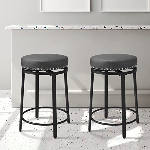 Swivel Bar Stools Set Of 2, 24 Inch Swivel Counter Height Bar Stools, Swivel Round Counter Stools With Metal Frame & Soft Cushion, Stools For Kitchen Counter, Industrial Barstools,Grey-Upgrade #TOP7