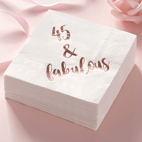 45 & Fabulous Cocktail Napkins, 50-Pack 3ply White Rose Gold 45th Birthday Dinner Celebration Party Decoration Napkin