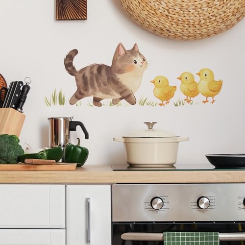 Vinilo decorativo adhesivo impermeable con gatito y pollitos miniatura 6