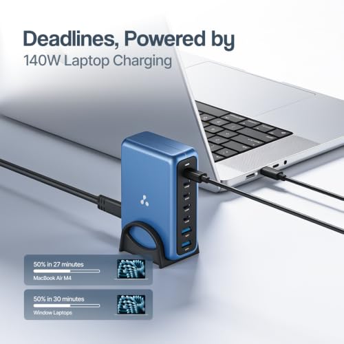 Image of Ambrane 140W GaN Charger Hub, Charge 7 Devices, 100W Macbook /Type C Laptop Charging, 5 Type-C PD Technology, 2 USB-A Ports, Long Cable, Fast Charging-Mobile, Laptop, All Devices (Charge Hub 140, Blue)