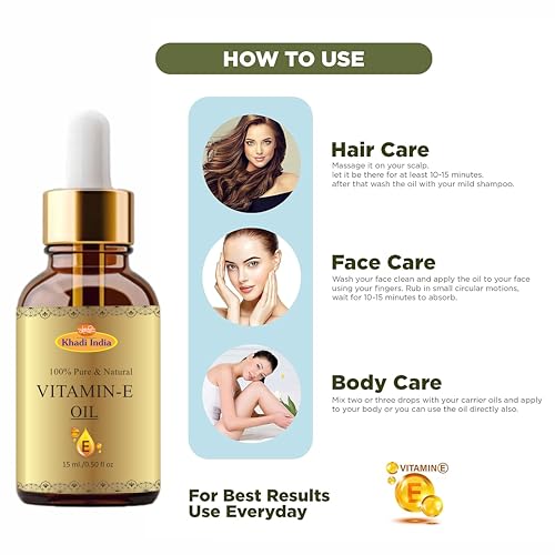 Image of Khadi 100% Pure Natural Herbal Vitamin E Oil with Glass Dropper for Healthy Skin, Hair & Nails | Pure | Lightweight | All Skin Types | Men and Women