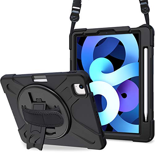 ProCase Funda Resistente para iPad Air 4ª 10.9" 2020 / iPad Pro 11" 2020/2018 [Apoya Conexión y Carga Inalámbrica de Apple Pencil], Bumper Rugoso 360° Rotativo Asa de Mano, Antichoques - Negro